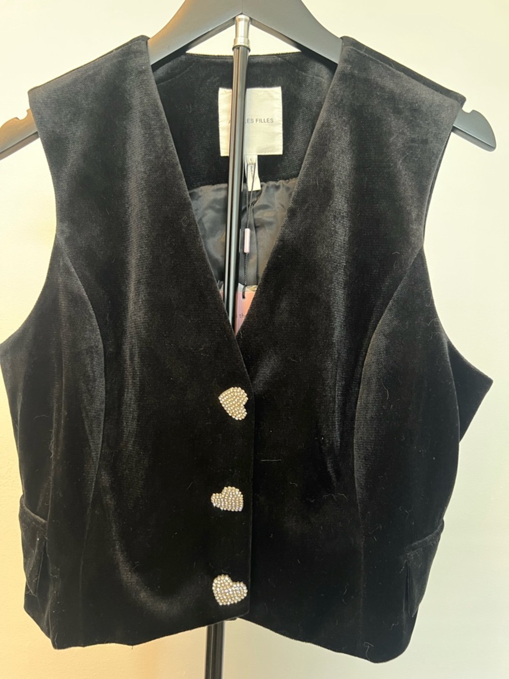 Avec Les Filles Black Velvet Vest with Jeweled Heart Buttons
